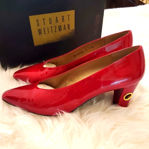 Stuart Weitzman Candy Apple Red Patent Leather Ladies Pumps with Gold Detailing. - Picture 1 of 11